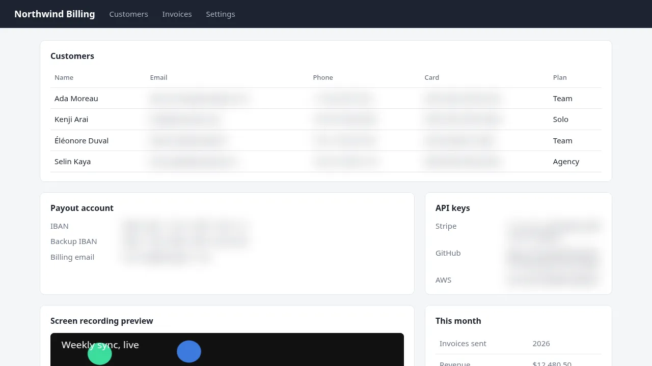 The same page with Hushpane on: the private details are blurred