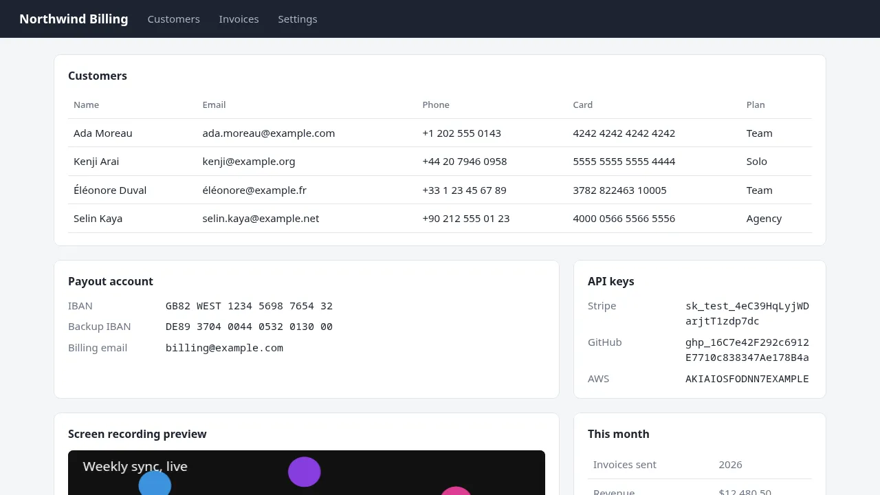 A billing page showing emails, phone numbers, card numbers and API keys