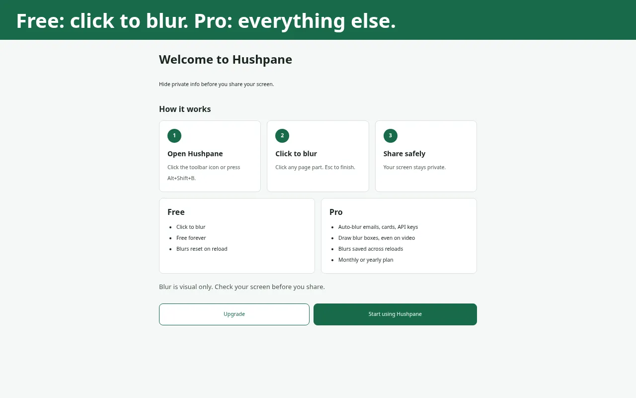 Hushpane welcome page with How it works, Free and Pro cards